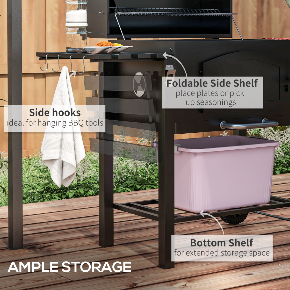 Charcoal Grill BBQ Trolley w/ Adjustable Charcoal Height & Thermometer