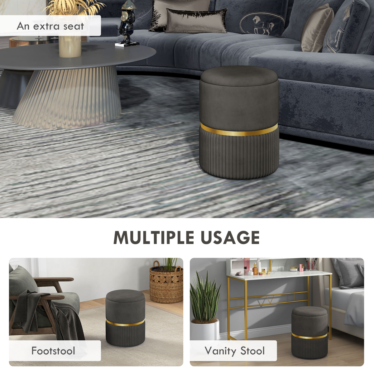 Round Pouffe, Storage Footstool with Cushioned Top, Hidden Space