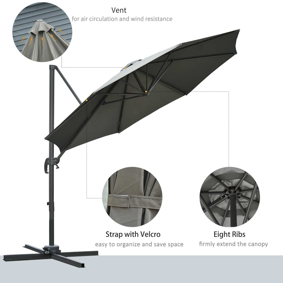 3m Patio Offset Parasol Roma Umbrella Cantilever Dark Grey