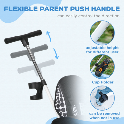 6 in 1 Kids Tricycle w/ Removable Handle for 1.5 year, White