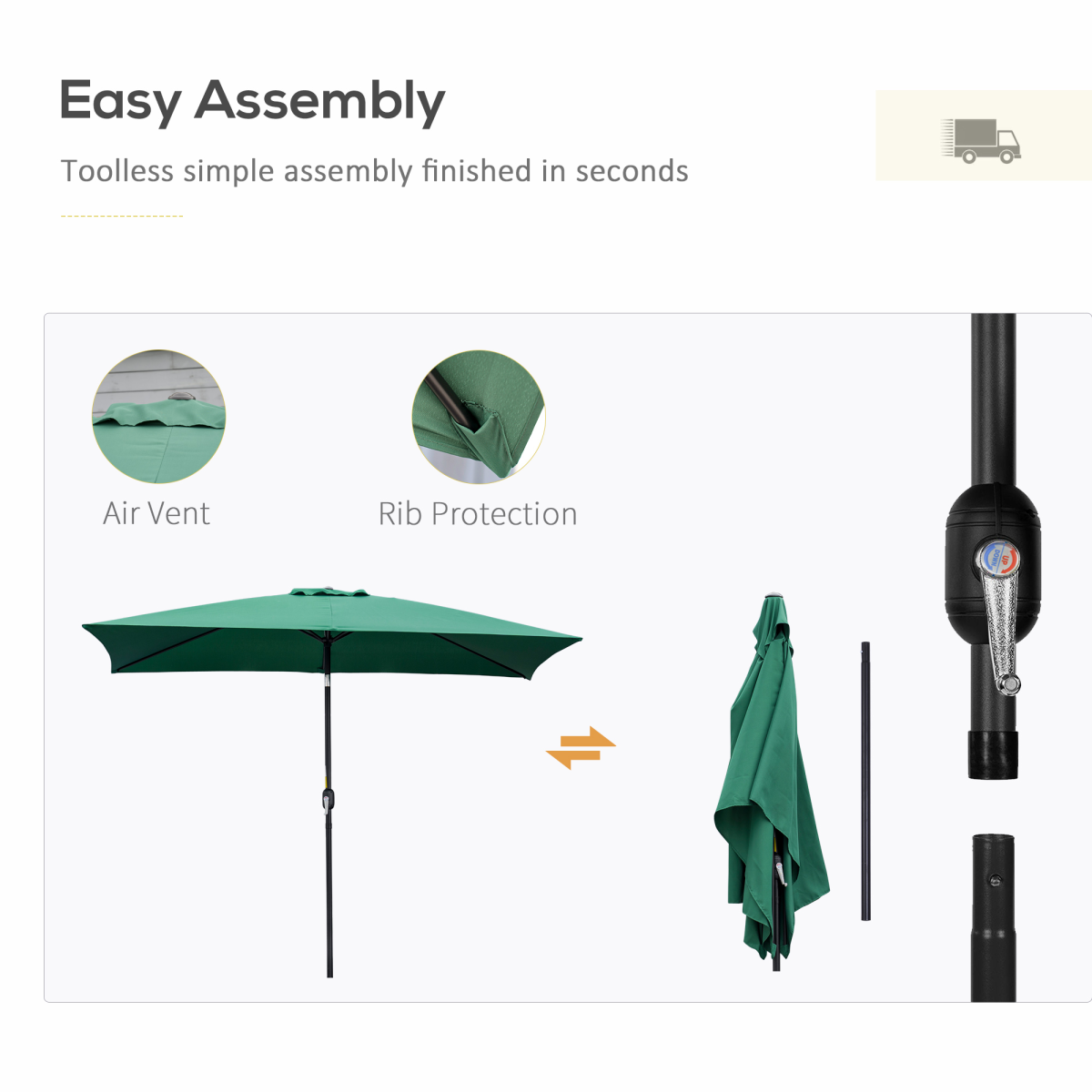 3x2m Patio Parasol Canopy Tilt Crank 6 Ribs Sun Shade Garden Green