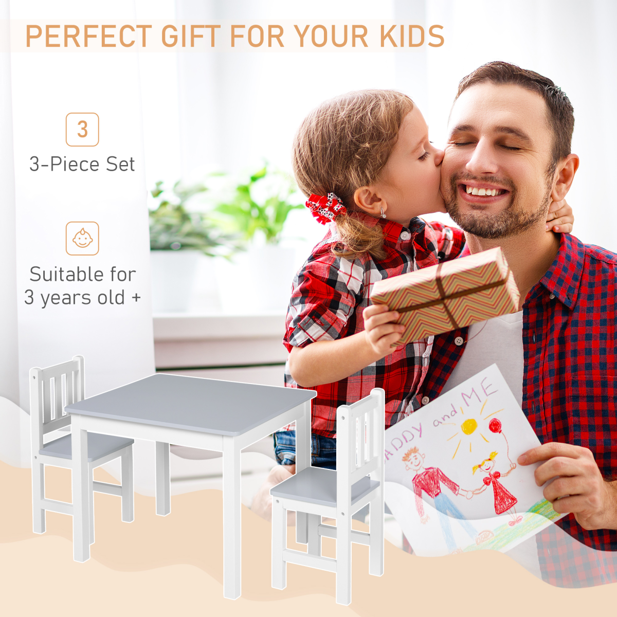 Kids Table and 2 Chairs Set 3 Pieces Toddler Multi-usage Desk Indoor