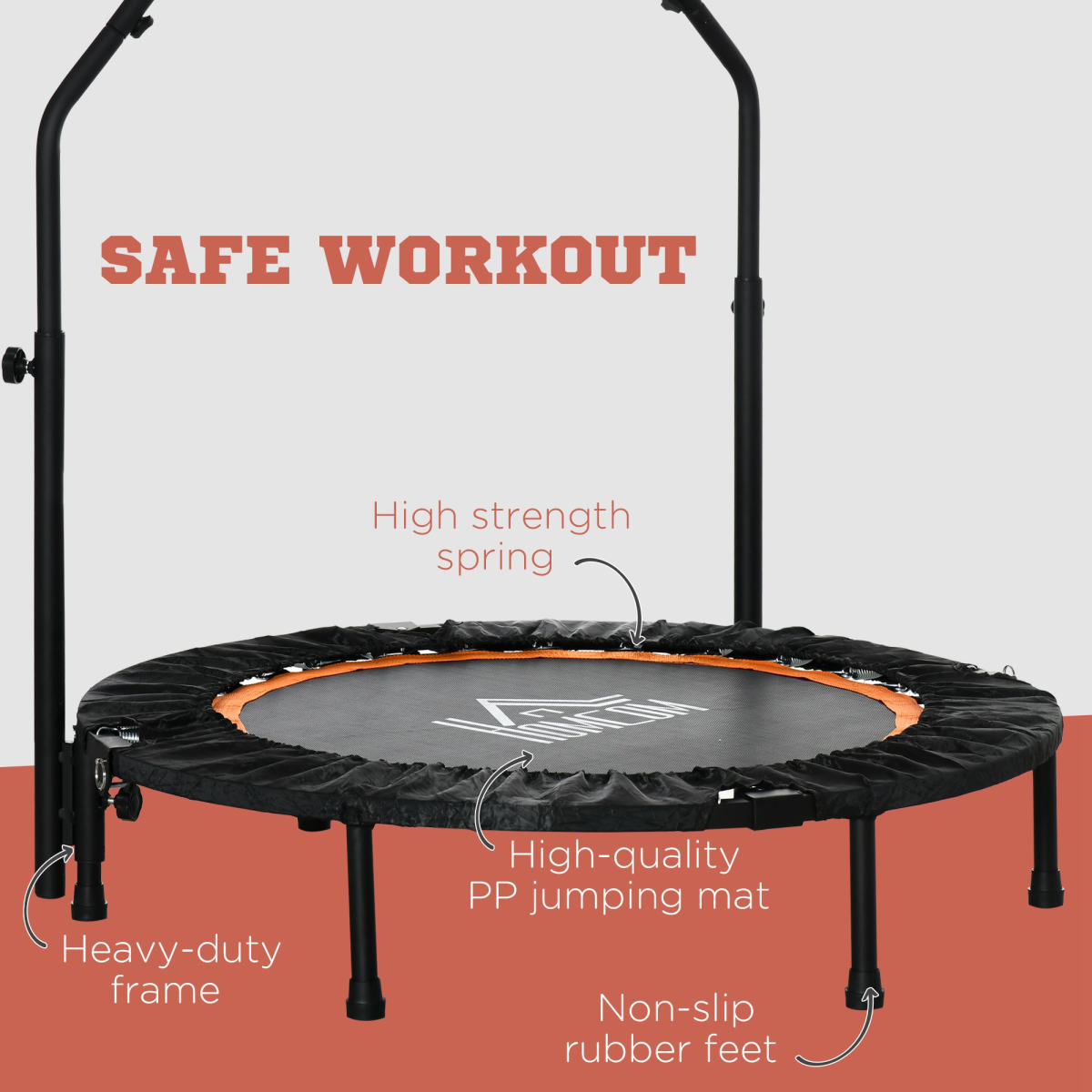 40" Foldable Mini Fitness Trampoline Rebounder Adjustable Foam Handle
