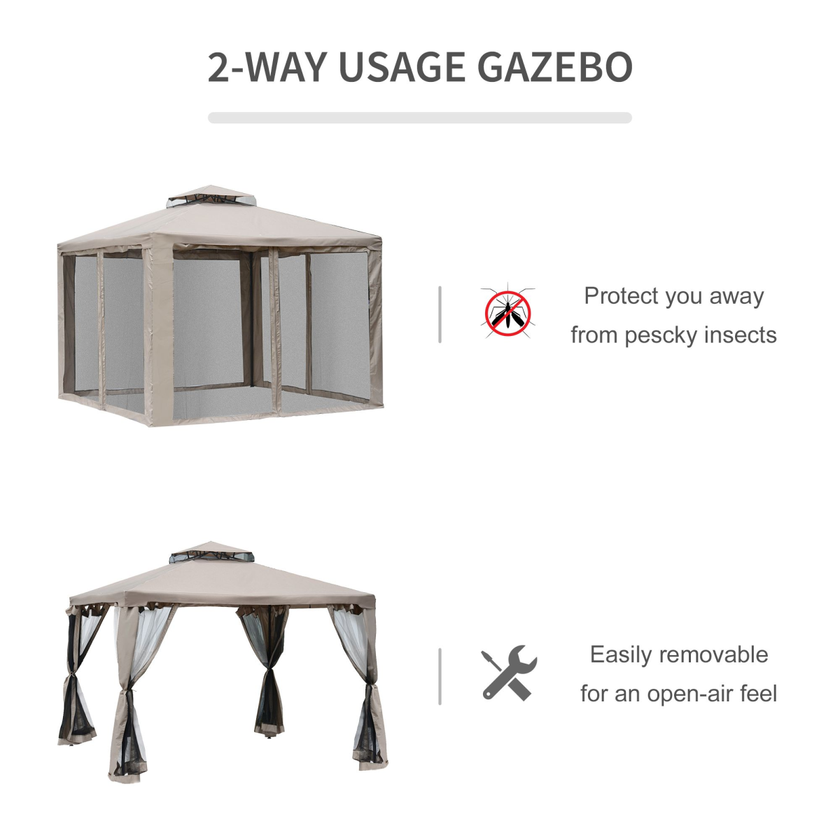 Outdoor Gazebo, 2-tier Roof W/Netting, 295L x 295W x 263Hcm-Taupe