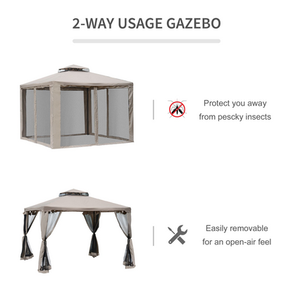 Outdoor Gazebo, 2-tier Roof W/Netting, 295L x 295W x 263Hcm-Taupe