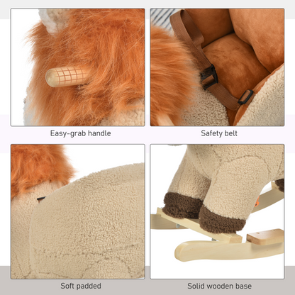 Kids Rocking Lion Plush Ride On Seat Sound Button Wood Base Seat Belt