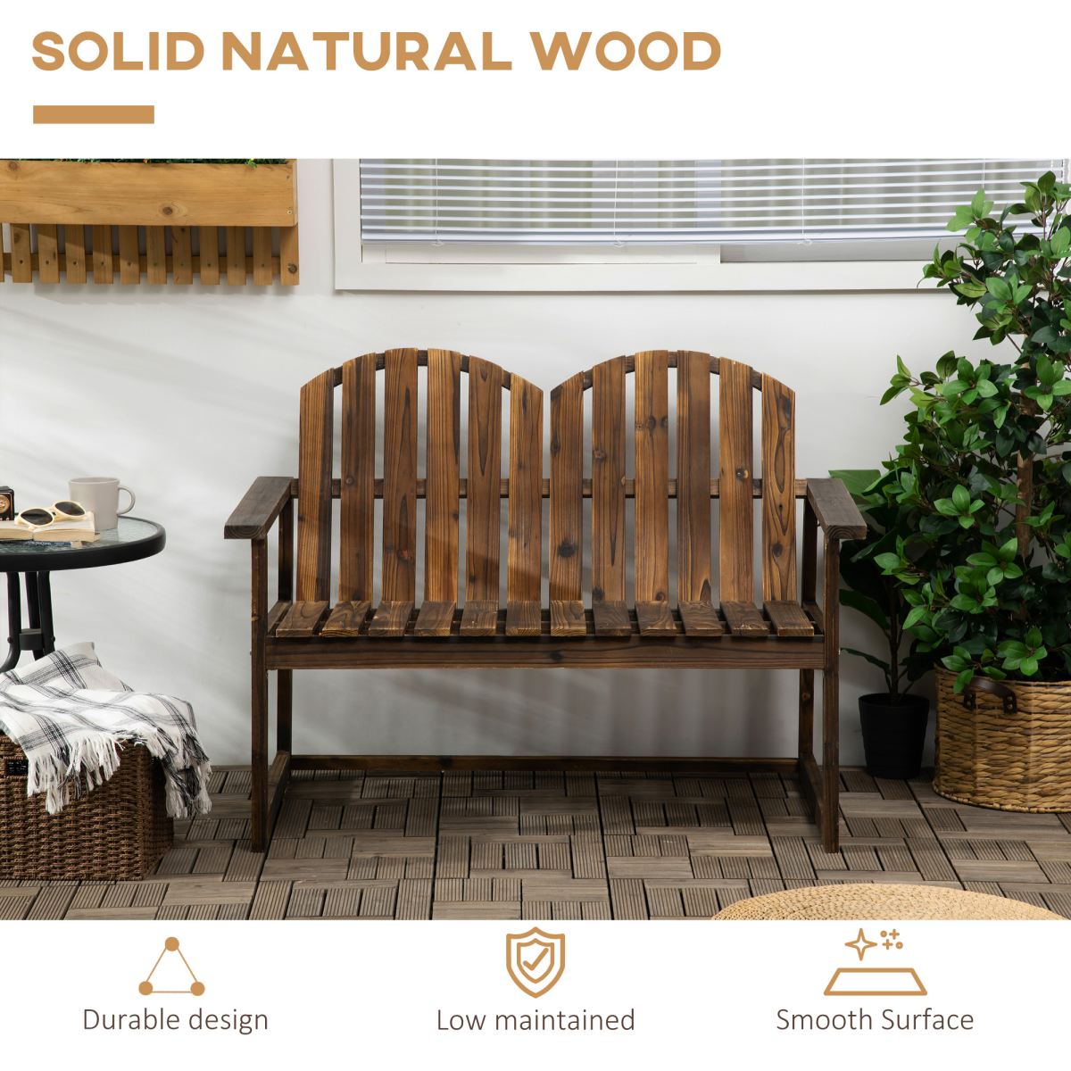 Outdoor Wooden Bench for Two People, Patio Loveseat Chair with Slatted Backrest