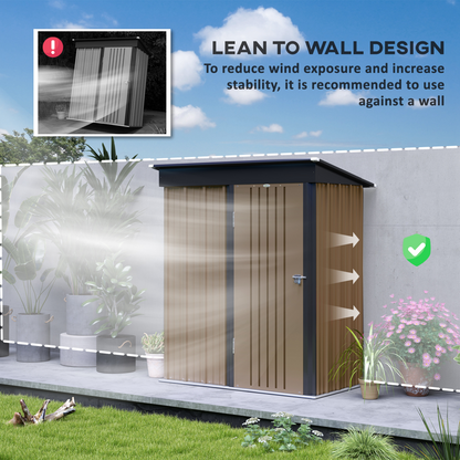 5 x 3ft Steel Garden Shed Lean To Storage with Adjustable Shelves Brown