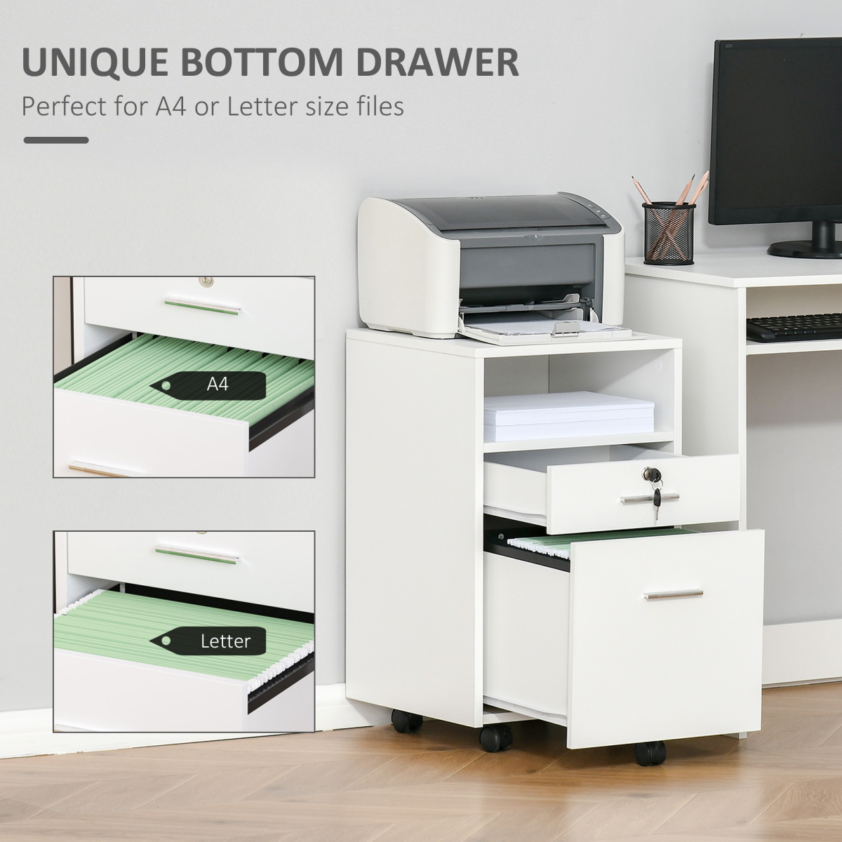 Mobile File Cabinet Lockable Documents Storage w/ 5 Wheels White