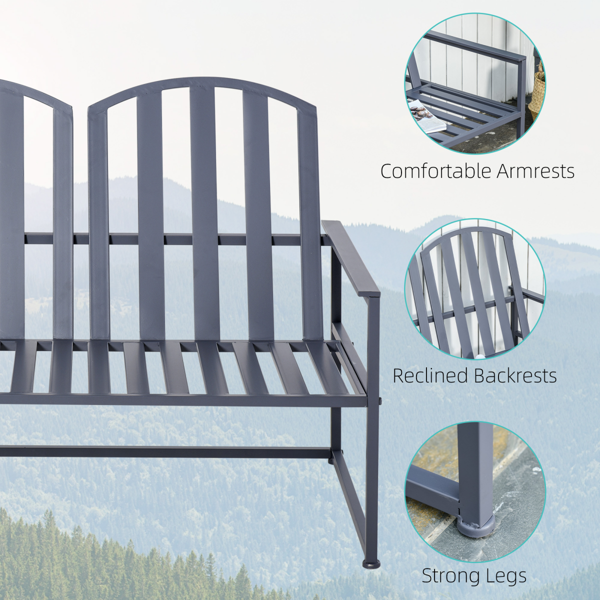 2 Seat Steel Patio Garden Bench Chair Slat Design Backyard Porch