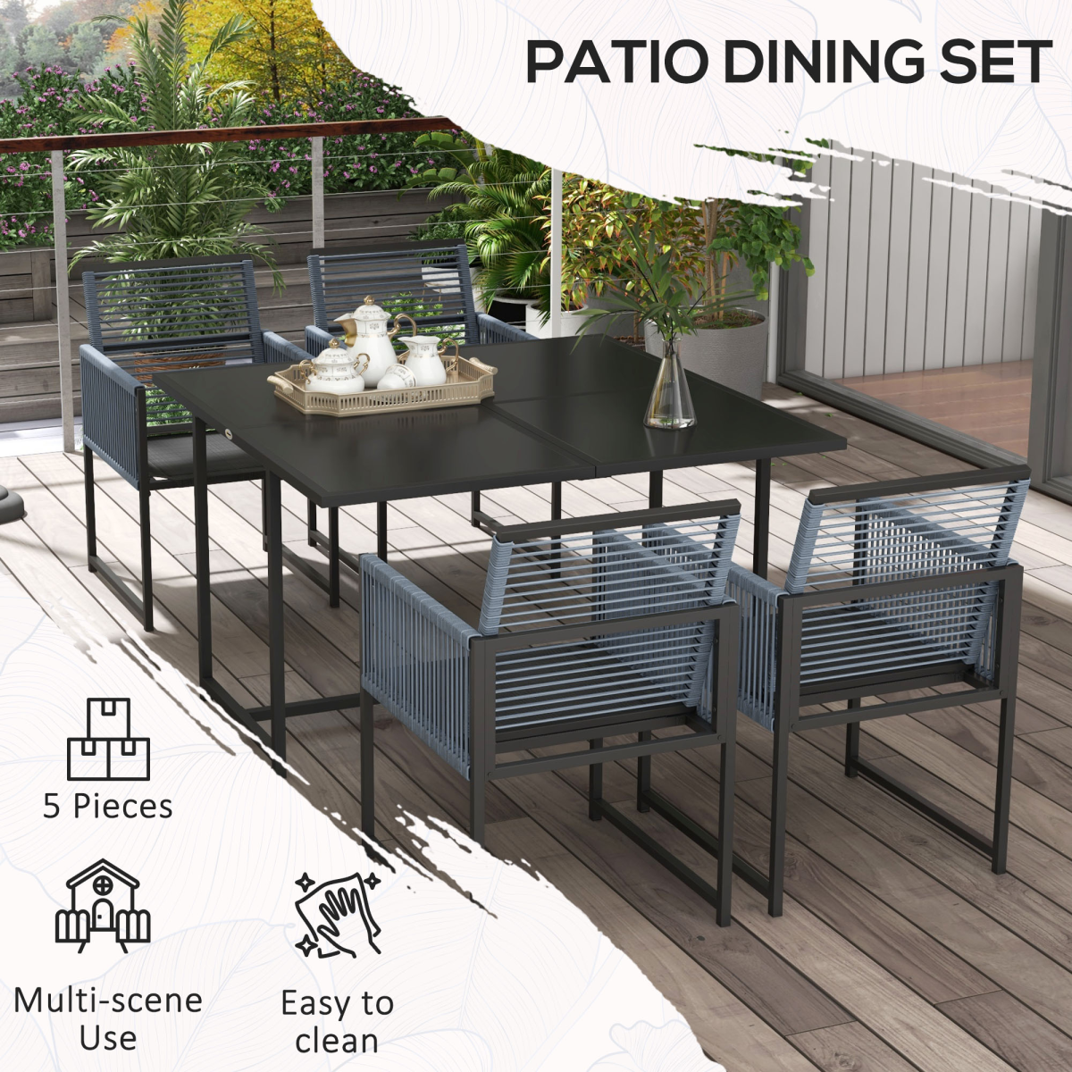 5 Pieces Patio Dining Set with Foldable Back for Poolside, Dark Grey