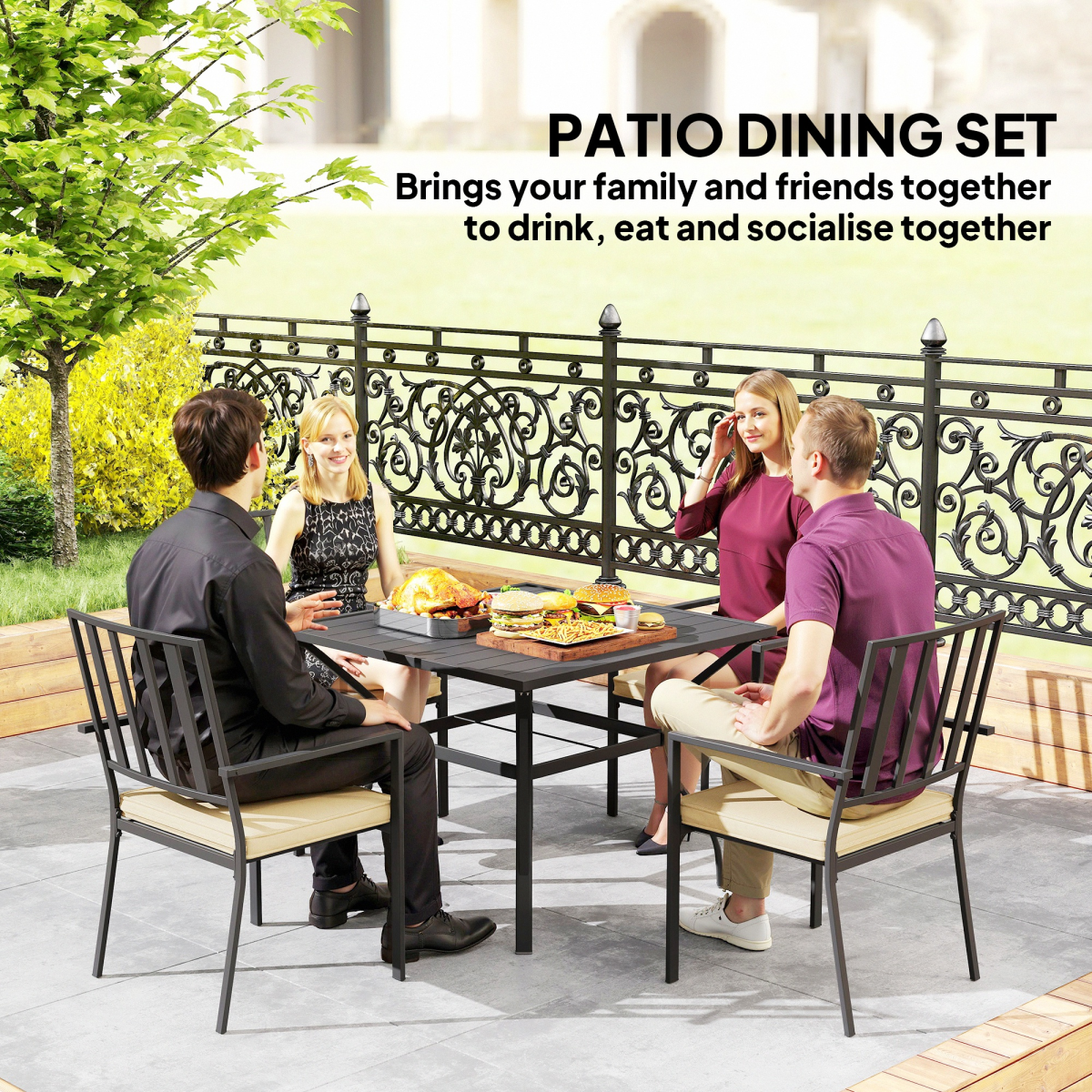 Garden Dining Set w/ 4 Stackable Cushioned Chairs and Metal Top Table