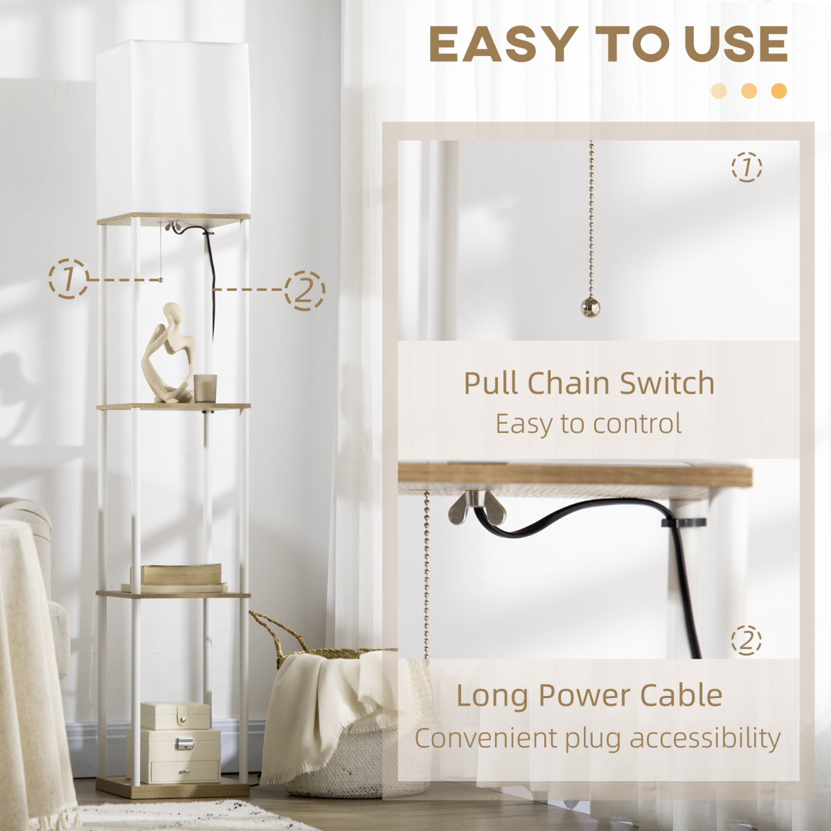 Modern Floor Lamp with Shelves and Fabric Lampshade for Living Room