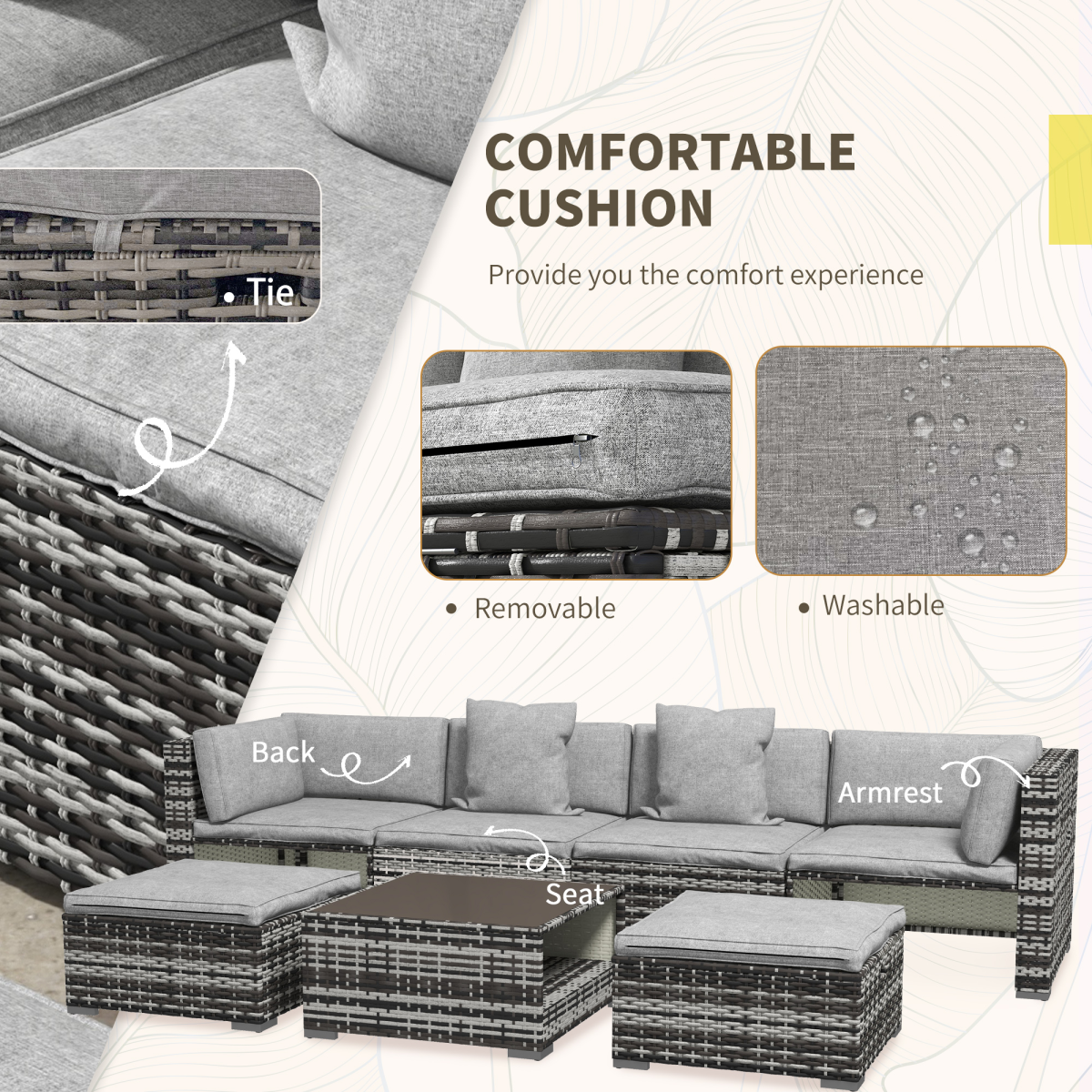 7 PCs Rattan Garden Furniture Set with Side Shelf, Stools, Table, Grey