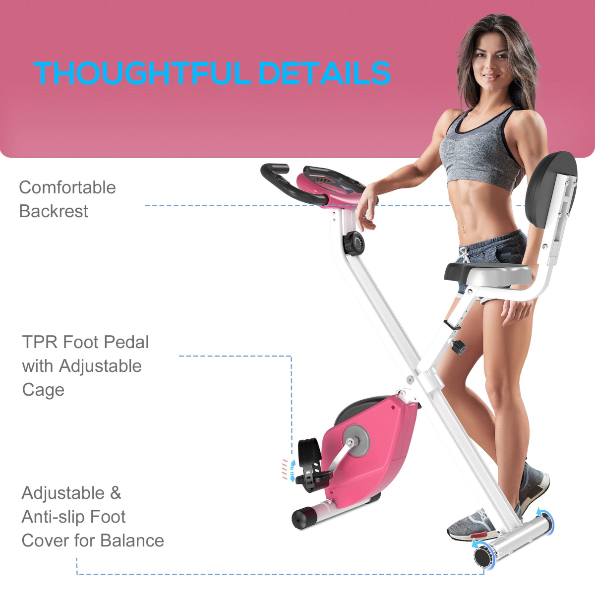 Magnetic Resistance Exercise Bike Foldable LCD Adjustable Seat Pink