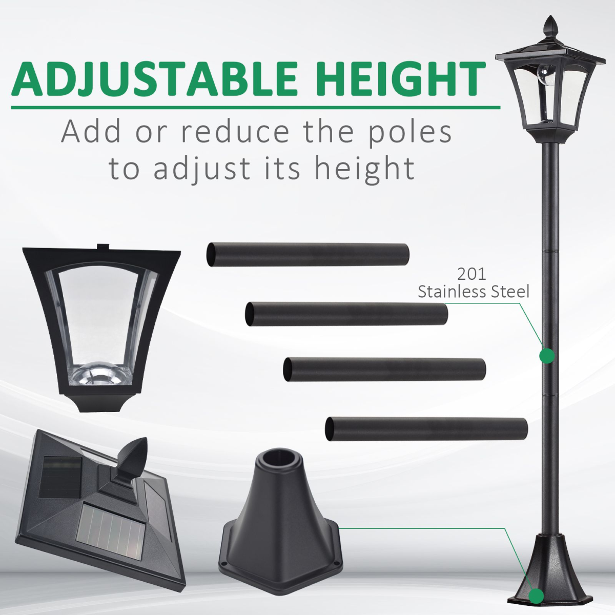 Solar Powered Lamp Post, IP44, 18Lx18Wx160H cm-Black