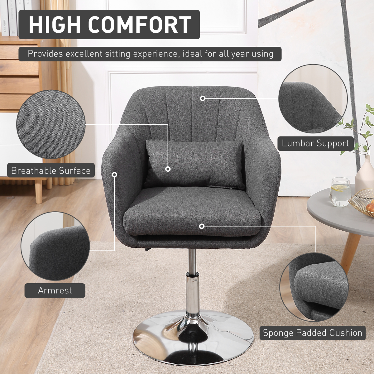 Stylish Retro Linen Swivel Tub Chair Steel Frame Cushion Seat Dark Grey