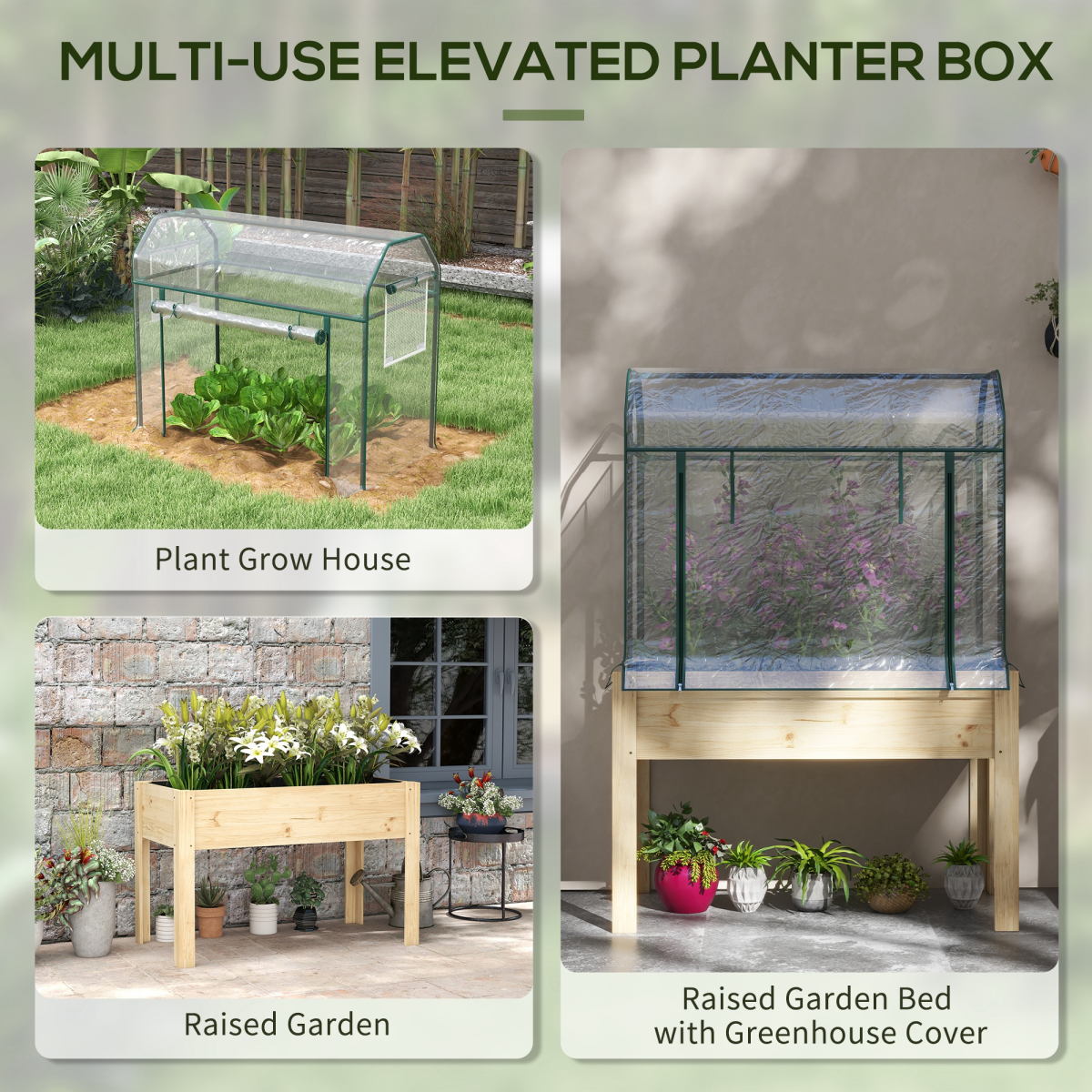 Wooden Raised Planter, Garden Bed with Greenhouse Cover and Bed Liner