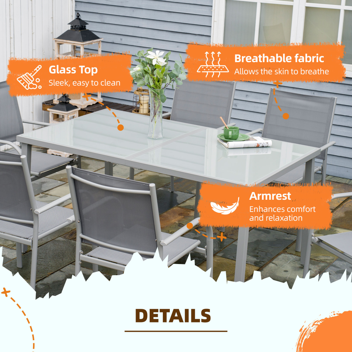 7 Piece Garden Dining Set, Steel Outdoor Table and Chairs, Grey