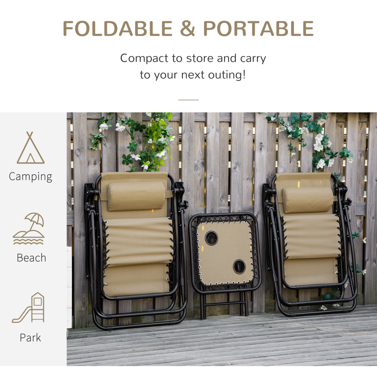 Zero Gravity Chairs Sun Lounger Table Set w/ Cup Holders, Beige 3PC