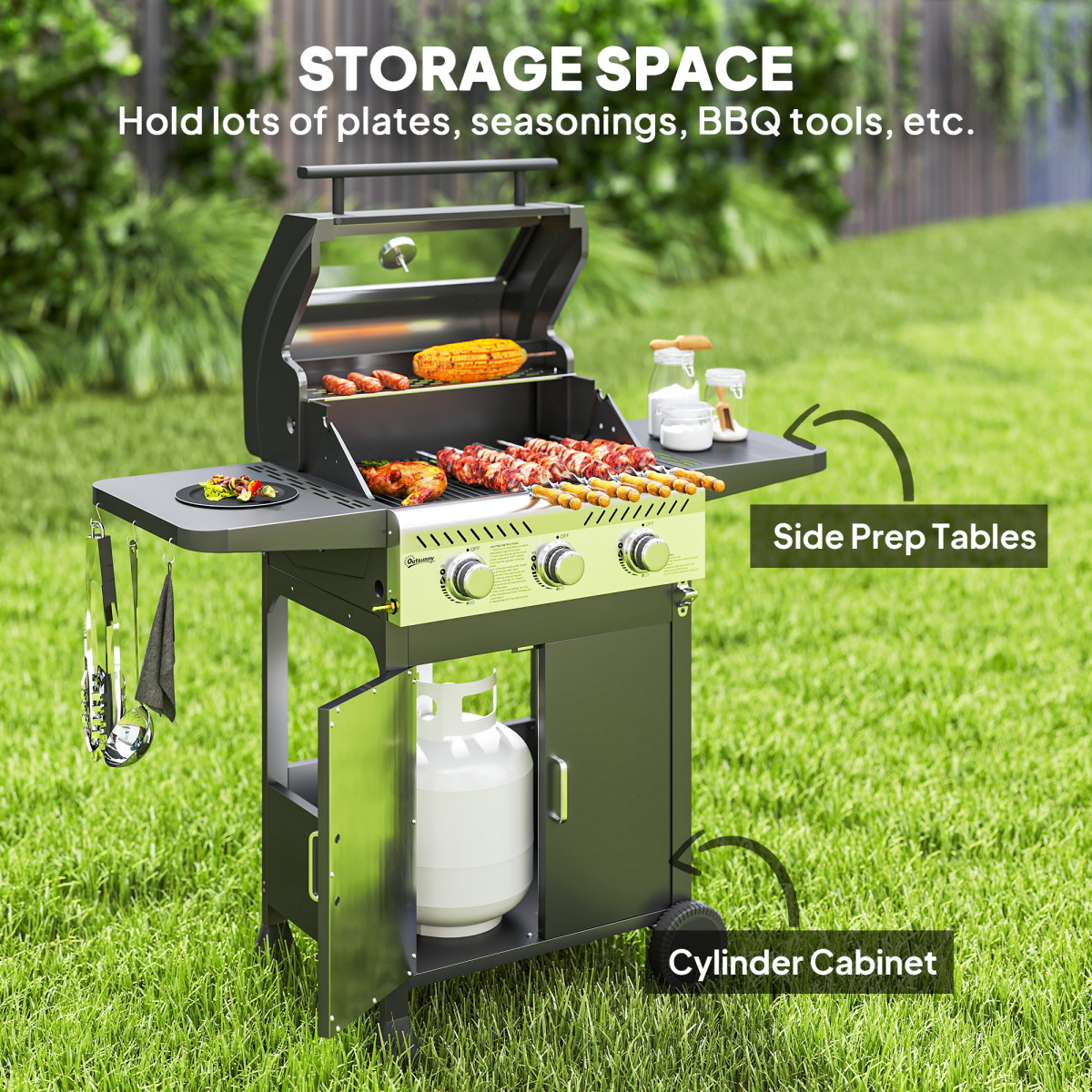 Propane Gas BBQ Grill with See-through Lid and Thermometer 3 Burner