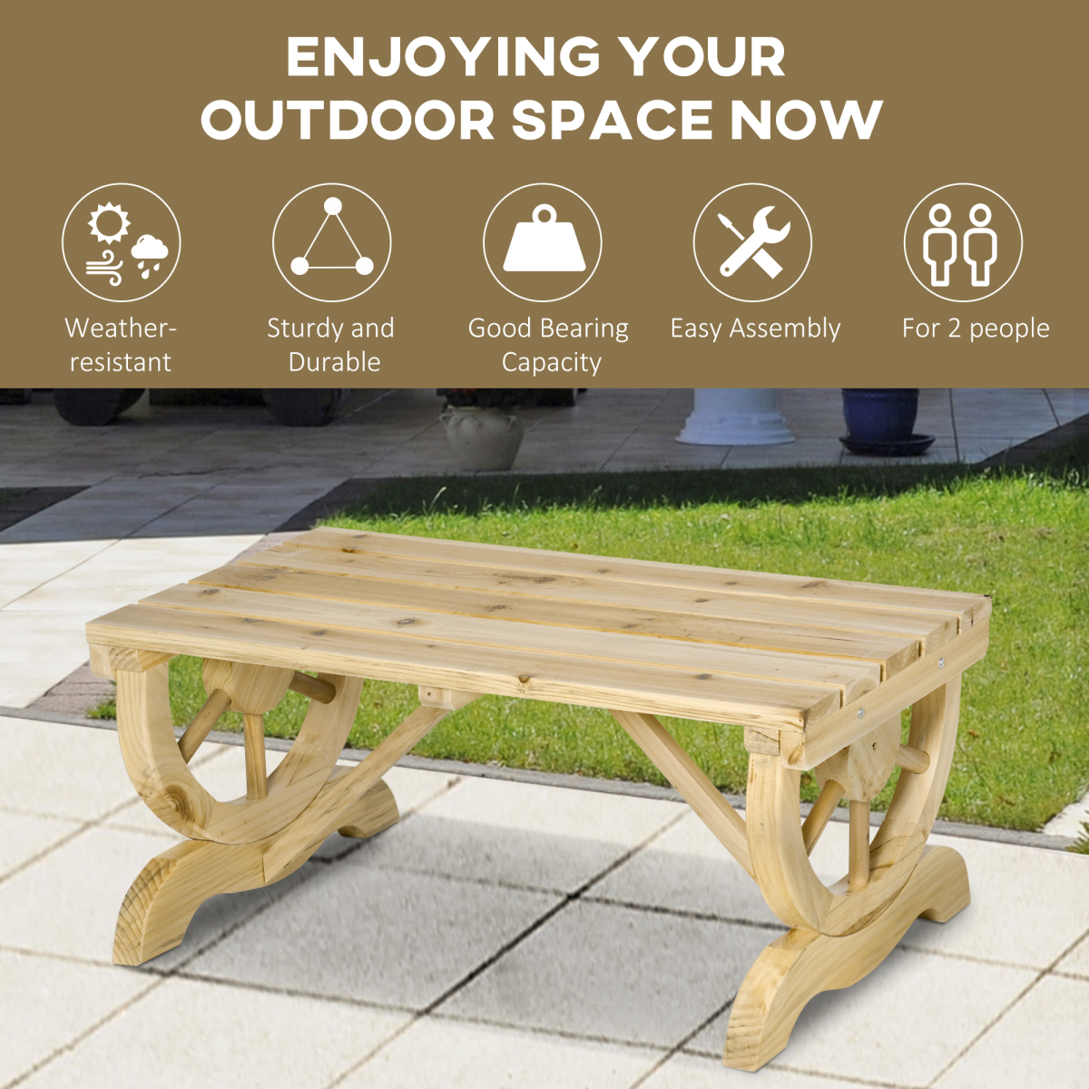 Wooden Wheel Bench Rustic Outdoor Patio Garden Seat 2-Person Natural