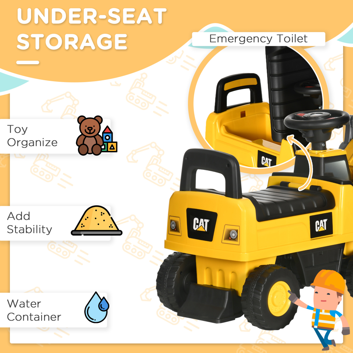 CAT Licensed Kids Construction Ride-On w/ Manual Shovel, for 1-3 Years