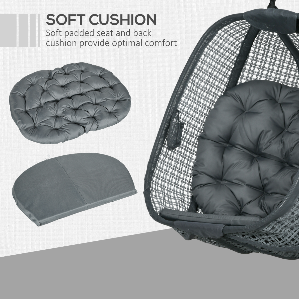 Hanging Swing Chair w/ Thick Cushion, Patio Hanging Chair, Dark Grey