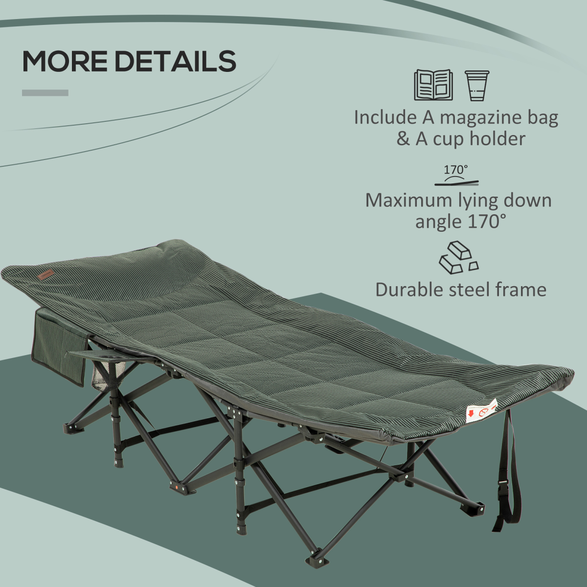 Camping Bed w/ Carry Bag, Magazine Bag & Cup Holder, Grey