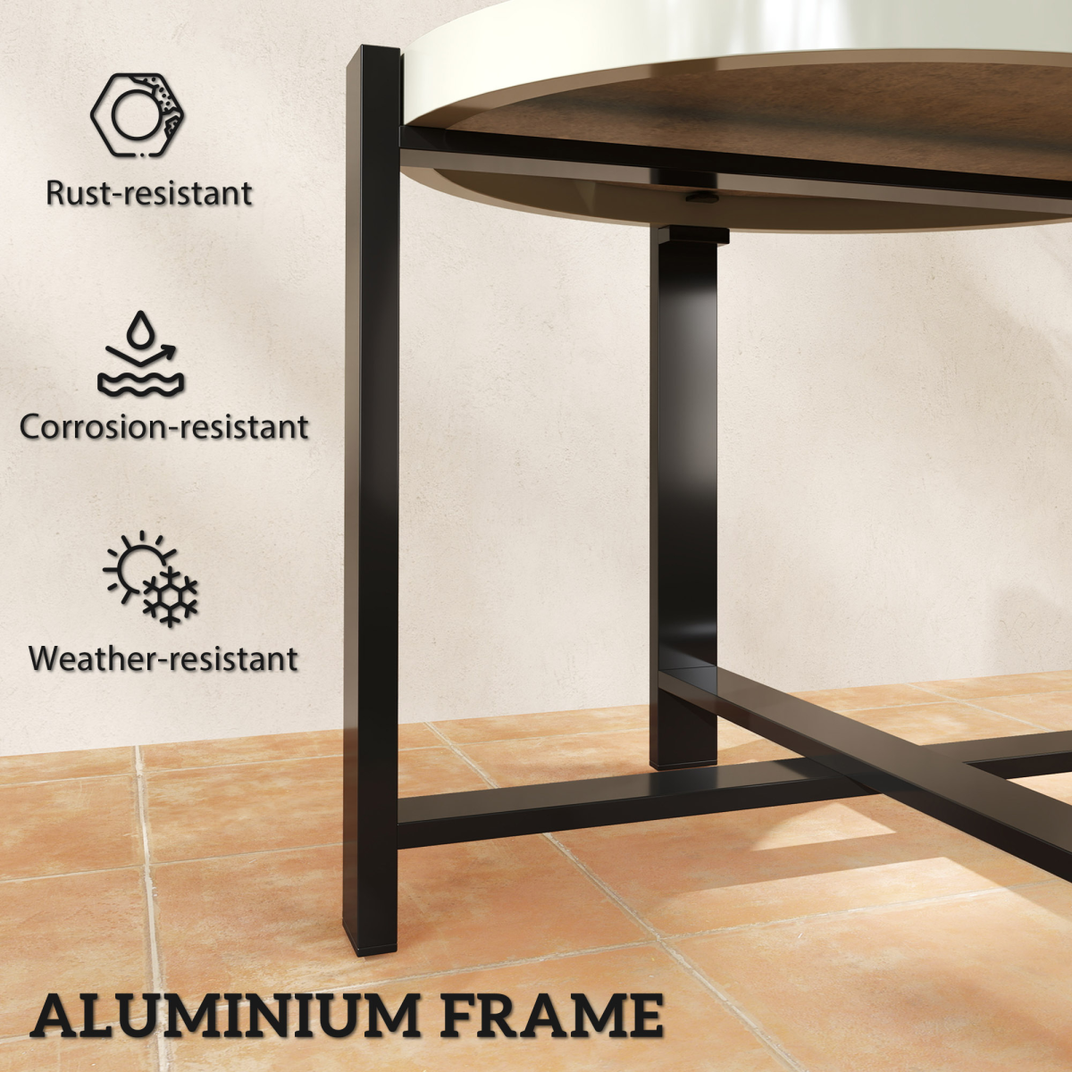 Round Small Garden Table with Faux Marble Glass Top, Light Grey
