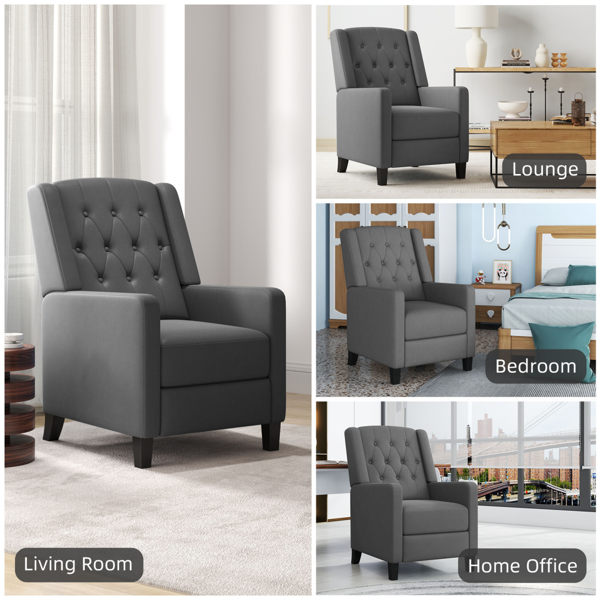 Button Tufted Microfibre Cloth Recliner Armchair for Living Room, Grey