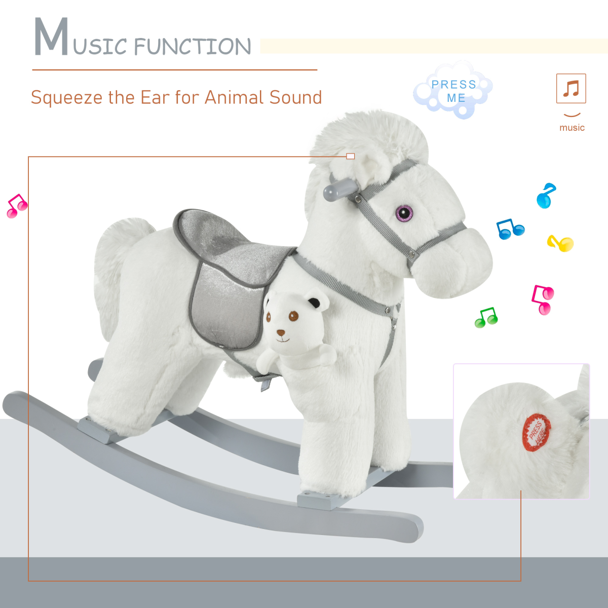 Kids Plush Ride-On Rocking Horse with Plush Toy Sound Handle Grip
