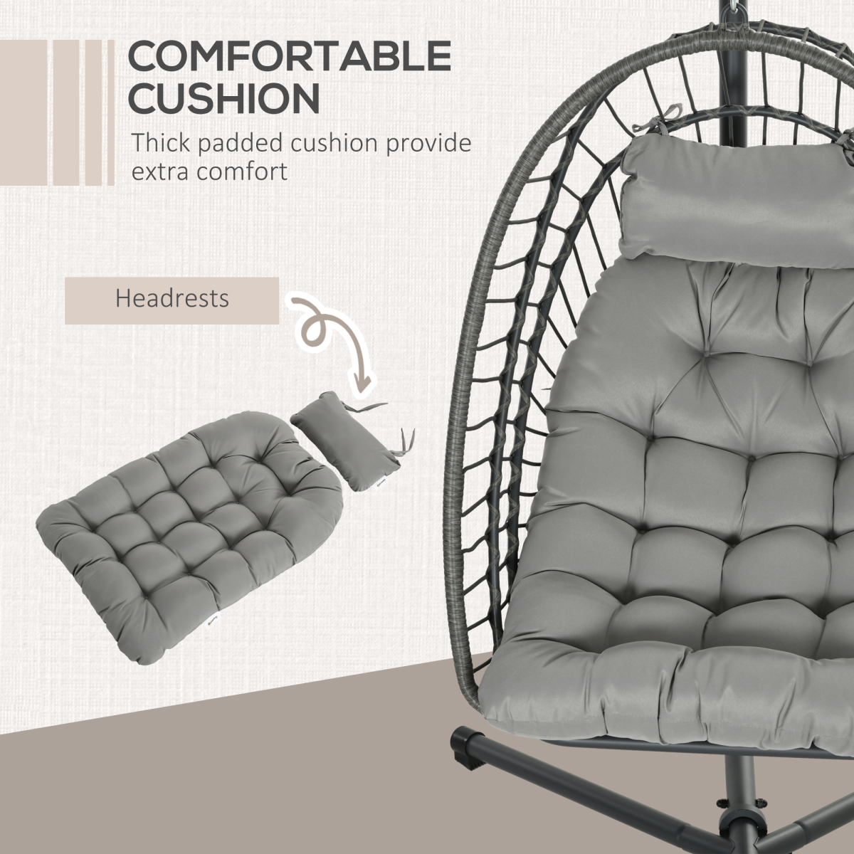 PE Hanging Swing Chair w/ Thick Cushion, Patio Hanging Chair, Grey