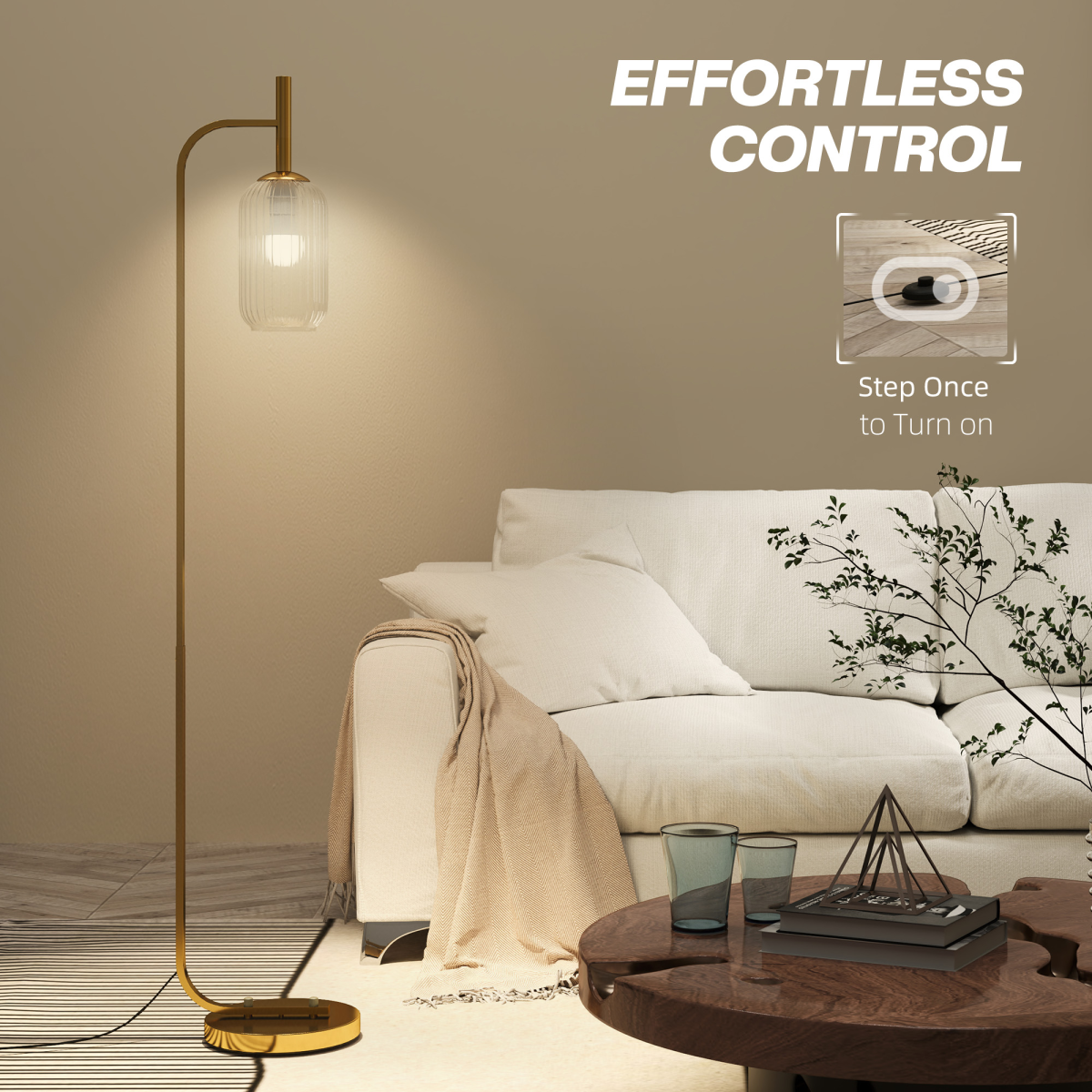 Modern Floor Lamp with Glass Lampshade, Foot Switch for Living Room