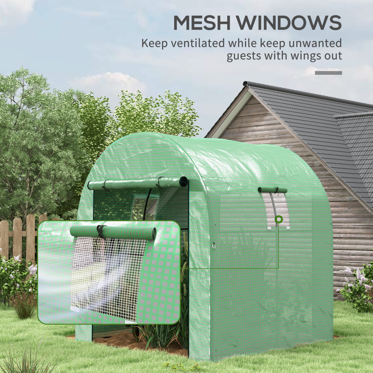 Polytunnel Greenhouse with Doors and Mesh Windows 1.8 x 1.8 x 2m