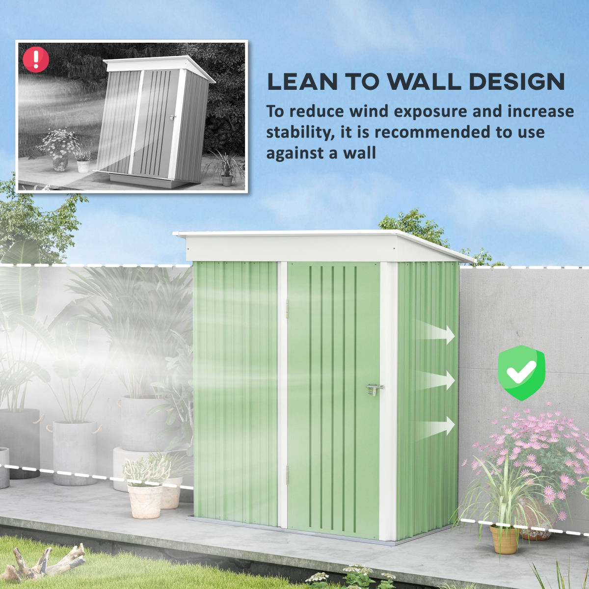 Steel Garden Shed, Small  Lean-to Shed for Bike Tool, 5x3 ft, Green