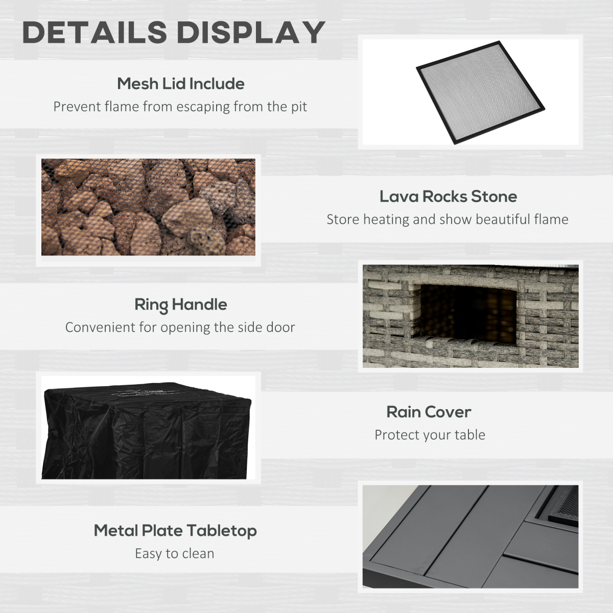 Gas Fire Pit Table w/ Rain Cover, Mesh Lid & Lava Stone, 40,000 BTU