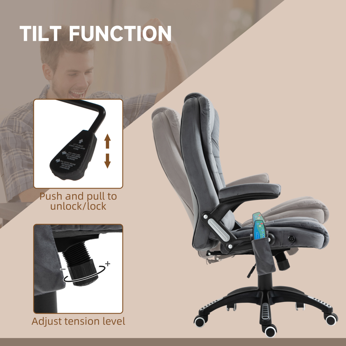 Executive Reclining Chair w/ Heating Massage Points Relaxing Headrest Grey