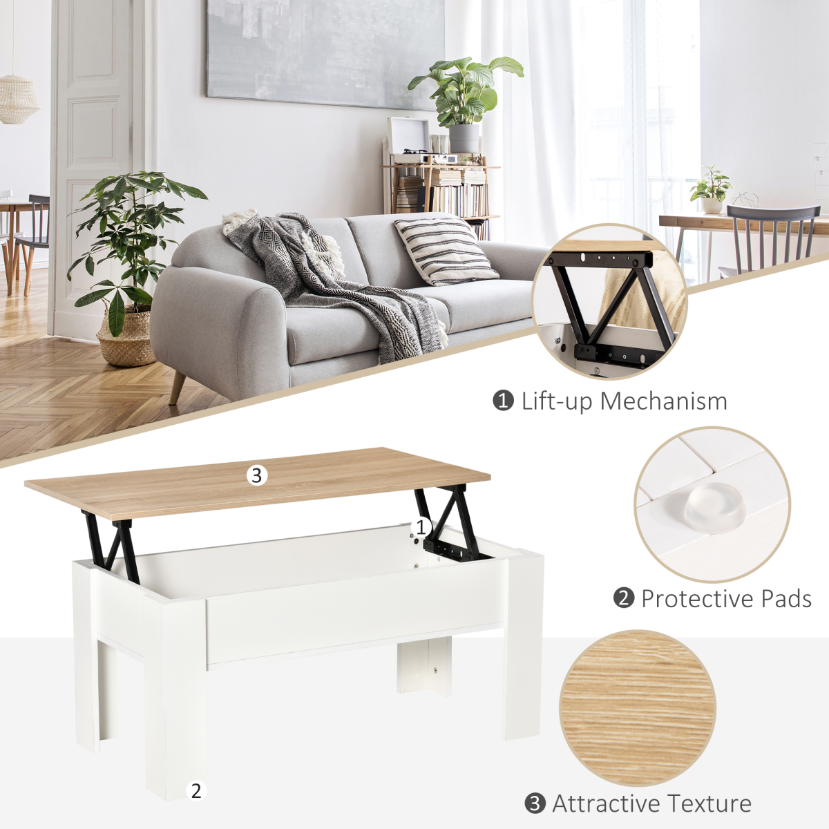 Lift Top Coffee Table w/Storage Compartment, Living Room Center Table