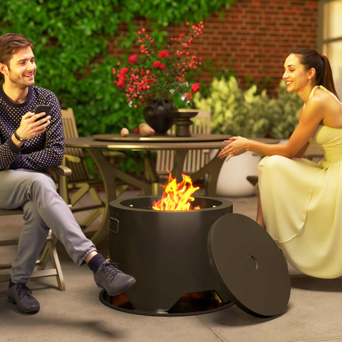 Outdoor Round Fire Pit with Lid, Firepit with Fire Poker, Black