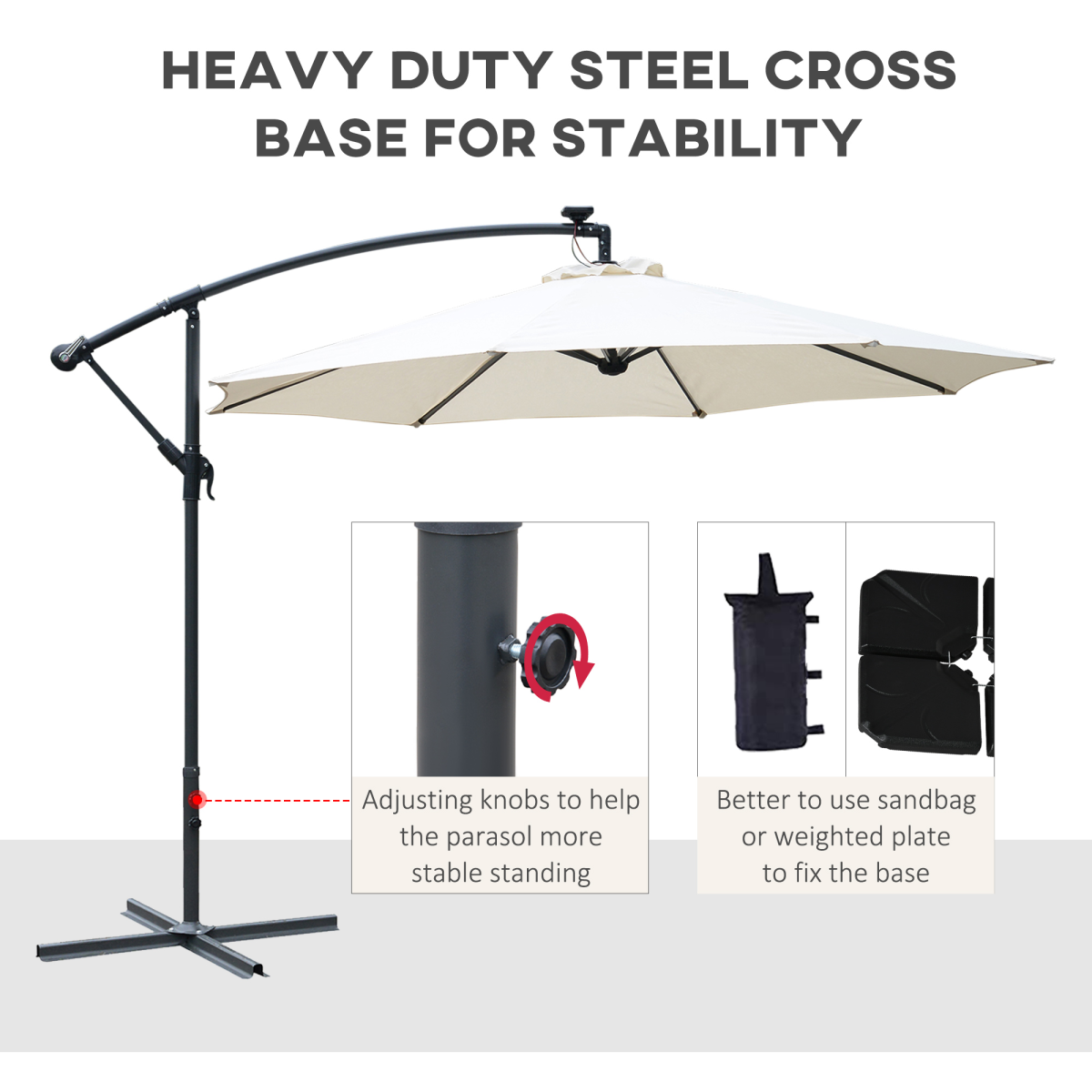 Umbrella Parasol W/Solar Powered LED stripes, 2.95x2.45H m-Cream