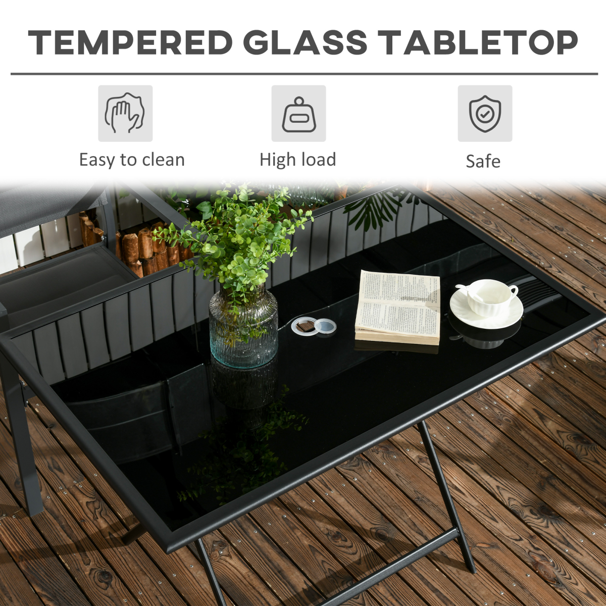 Folding Outdoor Table for 6, Rectangle Glass Top with Parasol Hole 110x70x70cm