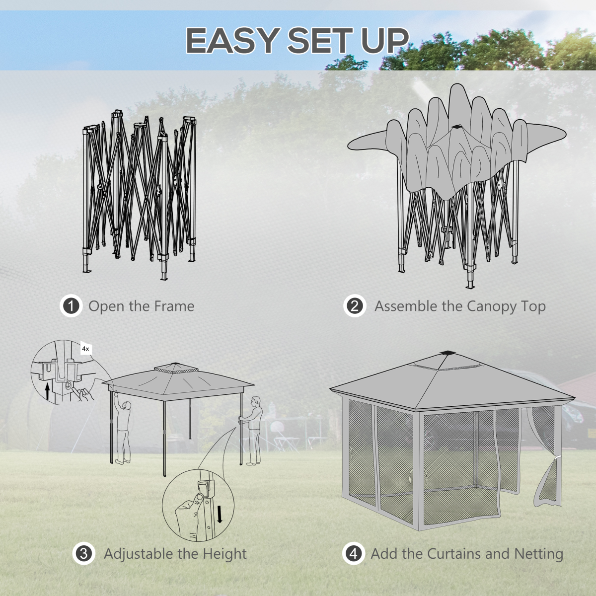 3x3(m) Pop Up Gazebo w/ Solar-Powered LED Lights Curtain Netting Khaki