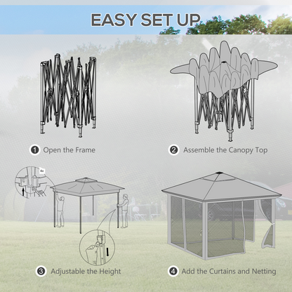 3x3(m) Pop Up Gazebo w/ Solar-Powered LED Lights Curtain Netting Khaki