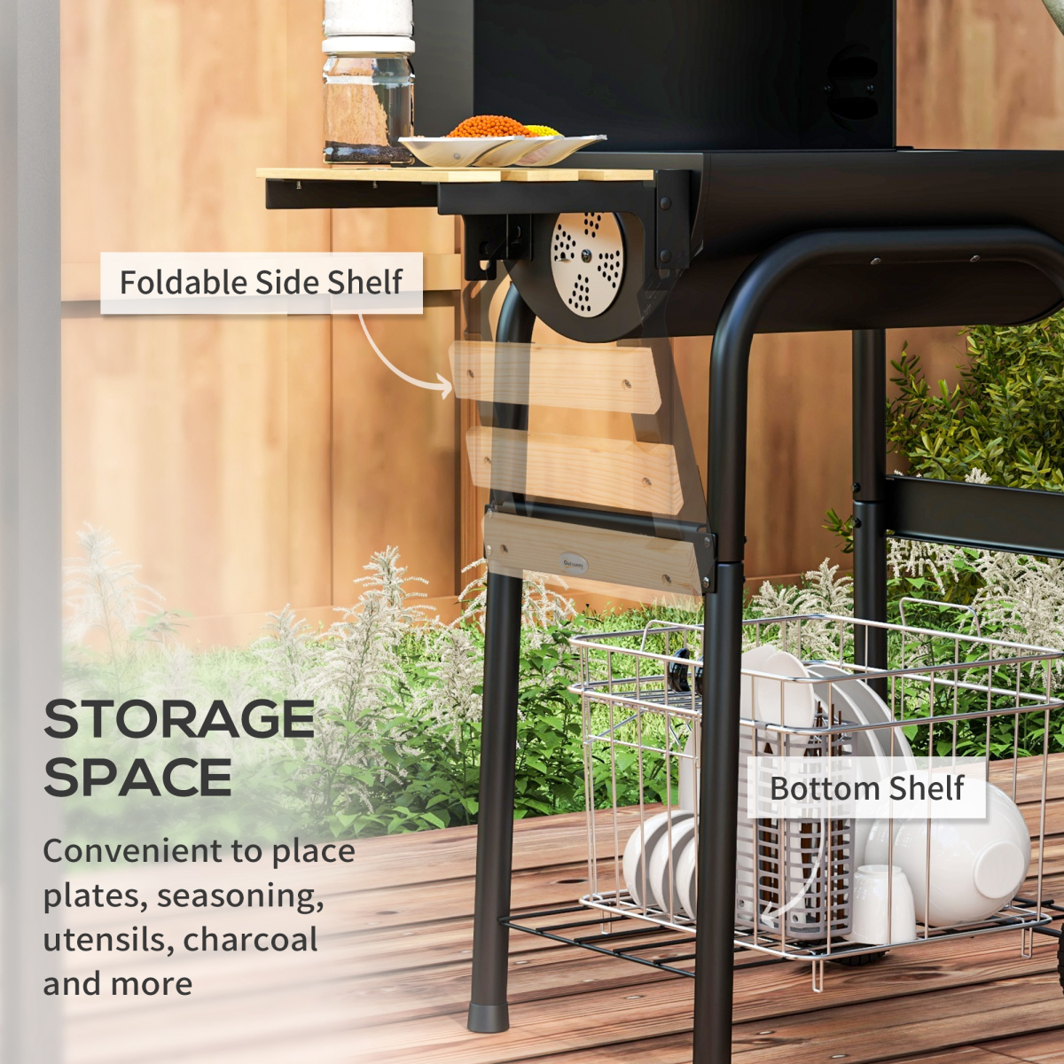 Charcoal Barbecue BBQ Grill Trolley W/ Shelves, Lid and Thermometer