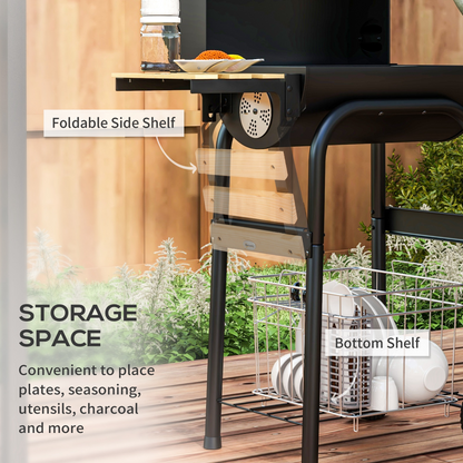 Charcoal Barbecue BBQ Grill Trolley W/ Shelves, Lid and Thermometer