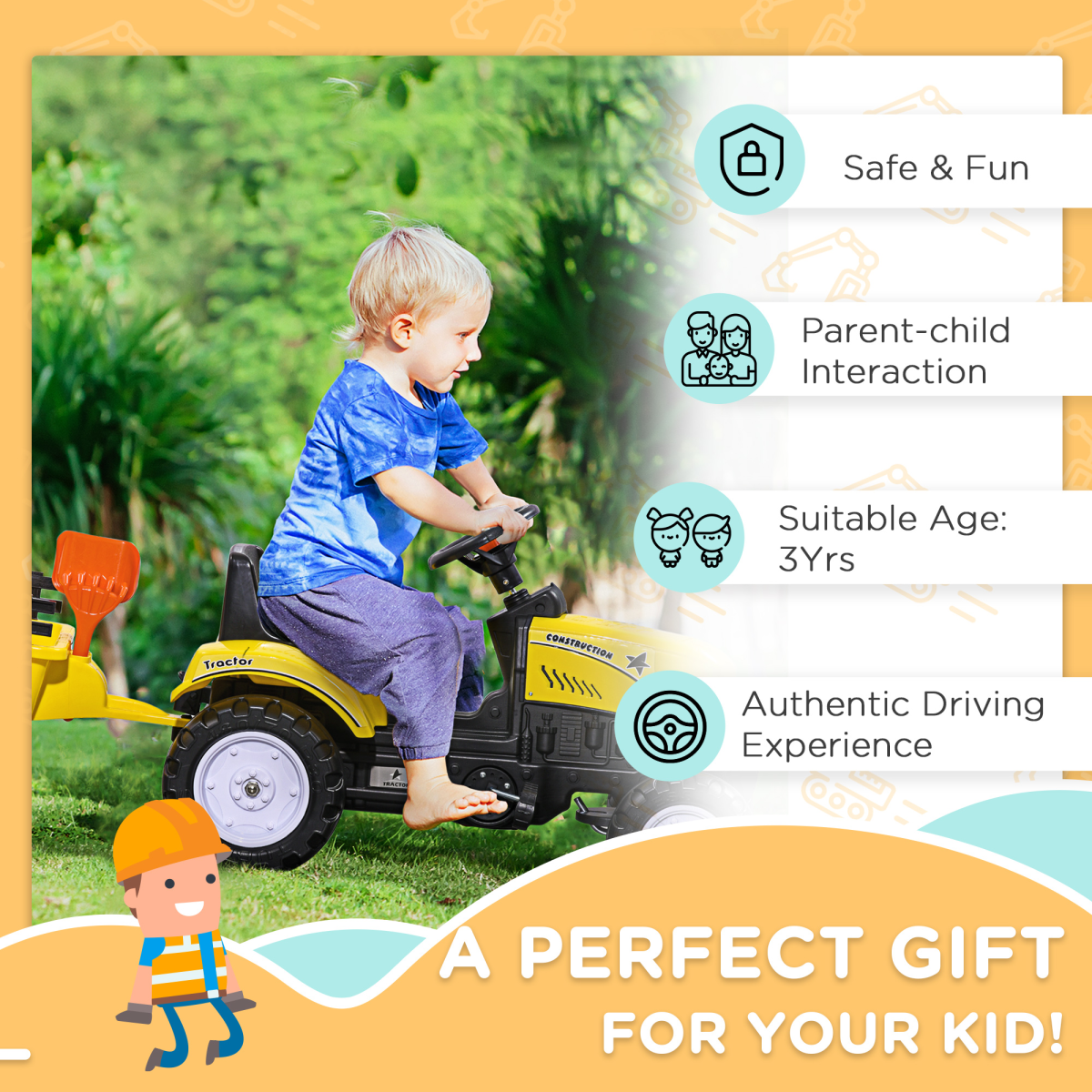 Pedal Go Kart Ride on Tractor with Shovel & Rake Four Wheels Child Toy