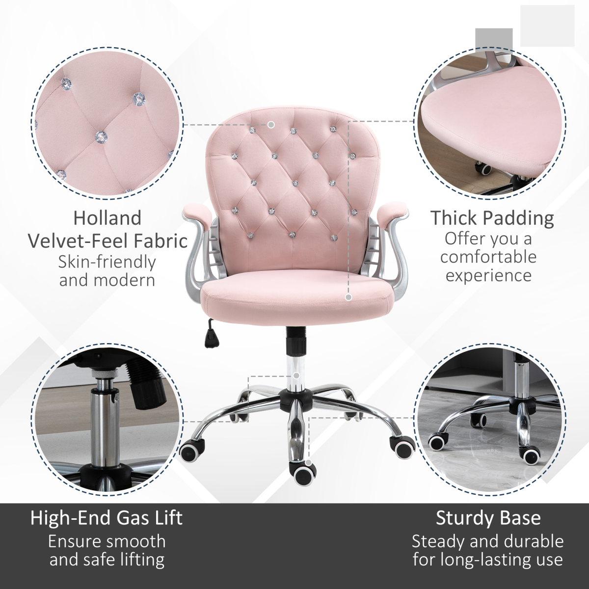 Office Chair Luxury Velour Diamond Tufted Padded Ergonomic 360 Swivel Pink