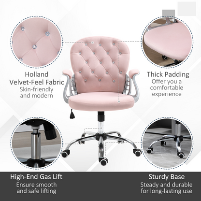 Office Chair Luxury Velour Diamond Tufted Padded Ergonomic 360 Swivel Pink