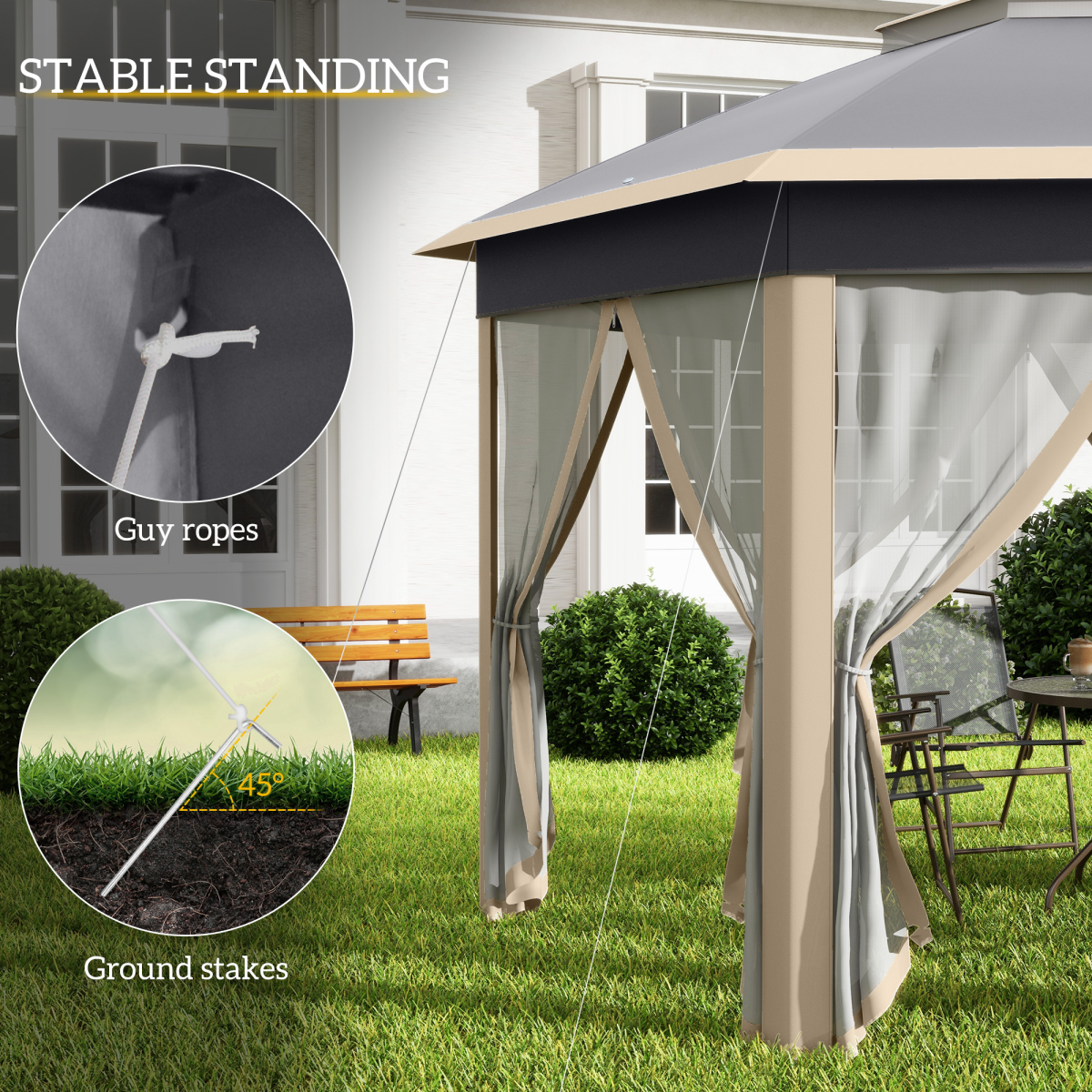 3x4m Hexagon Gazebo w/ Metal Frame Mesh Curtains Outdoor Garden, Khaki